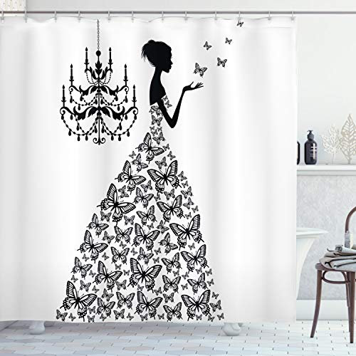 ABAKUHAUS Duschvorhang, Frau Schmetterling Bezogenen Hochzeitskleid im Palast Kronleuchter Majestätisch Schwarz-Weiß, Blickdicht aus, Waschbar Langhaltig Hochwertig, 175 X 200 cm, Charcoal Grau Weiß