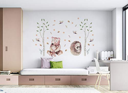 Wandtattoo Waldtiere I Igel Bär Sterne Bäume Blätter Kinderbilder Junge Kinderzimmer Mädchen Aufkleber Osomhome os8810 (250x160cm)