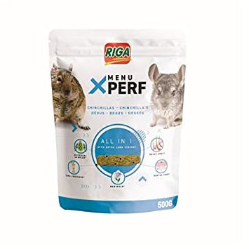 Riga - Menu X-Perf - Aliment Complet pour Chinchillas Et Dègues - Graines de Lin et Extraits de Yucca - Riche en Fibres, Vitamines et Prébiotiques - Idéal pour la Brillance des Poils - 500G
