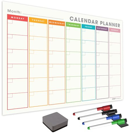 WallTAC Wall Planner and Dry Erase Monthly Calendar A3 | Reusable, Removable and Re-Positionable Whiteboard | with 4 Dry Wipe Pens + Eraser (Modern Multi-Colour, A3)