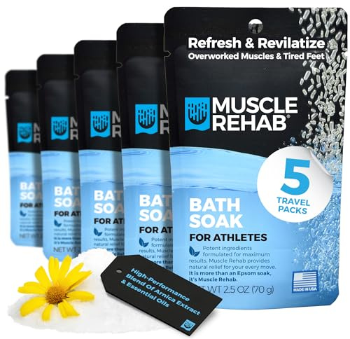 Muscle Rehab Epsom Salt Bath Soak 5 Travel Packets - with Arnica and Magnesium for Muscle Pain Relief - Portable Foot Soak for Athletes and Active Recovery