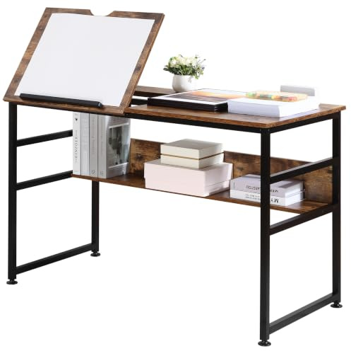 HOMCOM Adjustable Drafting Table 15-Level Tiltable Tabletop Rustic Brown | Drawing Desk, Craft Workstation for Painting, Multifunctional Writing Desk, Storage Shelf, Home Office