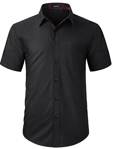 HISDERN Mens Short Sleeve Dress Shirts Formal Casual Regular Fit Shirt Button Down Business Office Black Shirts with Chest Pocket,L