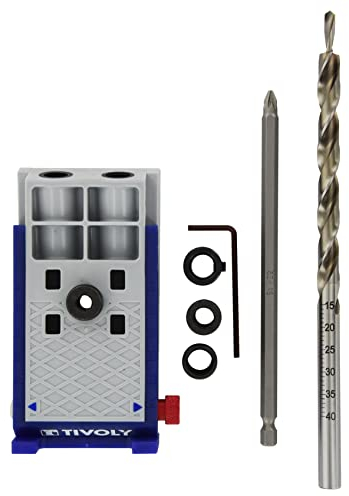TIVOLY - Kit Assemblage Invisible - Guide Perçage Angle 15° + Foret Etagé Ø 9,5 mm + Embout de Vissage PZ2 + 3 Canons de Perçage Ø 6-8-10mm + Butée + Clé Allen