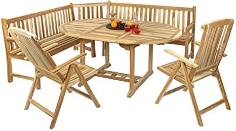 SAM 4tlg. Gartengruppe Borneo, Teakholz massiv, Garten-Set bestehend aus 1x Gartentisch 120-170 x 100 cm, 2X Hochlehner Aruba, 1x Eckbank, für Terrasse, Wintergarten & Garten