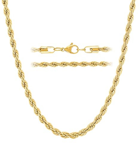 KISPER 18k Gold Hip Hop Rope Chain Necklace – 3mm Gold Plated Stainless Steel Jewelry for Women & Men with Lobster Clasp, 20