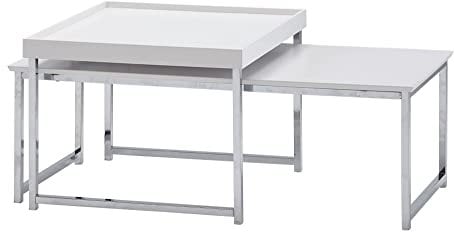 möbelando Couchtisch 2er Set Holz/Metall Sofatisch Eckig Weiß Modern | Beistelltisch 2-teilig | Design Wohnzimmertische | Holztisch Satztische