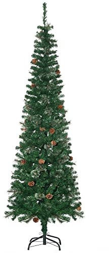HOMCOM 6.5FT Tall Pencil Slim Artificial Christmas Tree with Realistic Branches, Tip Count and Pine Cones, Pine Needles Tree, Xmas Decoration, Green