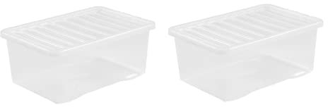 2 x 45L Plastic Storage Boxes Crystal Clear Box & Lid Suitable for all around the Home Office and Workplace Stackable Nestable Large Strong Boxes – 60 x 40 x 25 cm