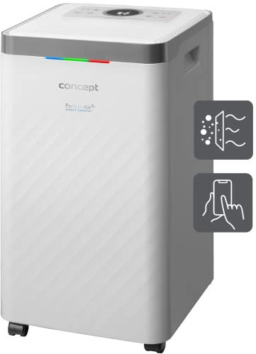 Concept OV2012 Luftentfeuchter mit Luftreiniger 210 Watt Touch-Steuerung Vierfaches Filtersystem Ionisierung Aktivkohlefilter Staubfilter Timer 4 Betriebsarten Steuerung über App 45 dB