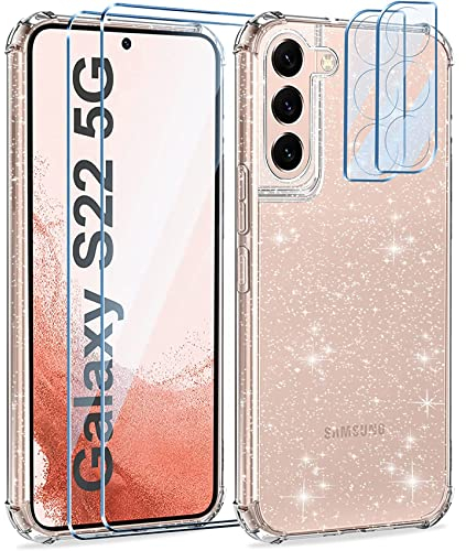 Niphabe [5 in 1 Glitzer Handyhülle Kompatibel mit Samsung Galaxy S22 Hülle mit 2 Stück Schutzfolie und 2 Stück Kamera Schutzfolie, Transparent Soft Silikon TPU Kompatibel mit Samsung Galaxy S22 5G