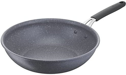 Lagostina Tempra Mineral Wok Antiadhésif en acier et aluminium avec revêtement minéral+Ø 28 cm, poignée en silicone, effet pierre, adaptée à toutes les sources de chaleur