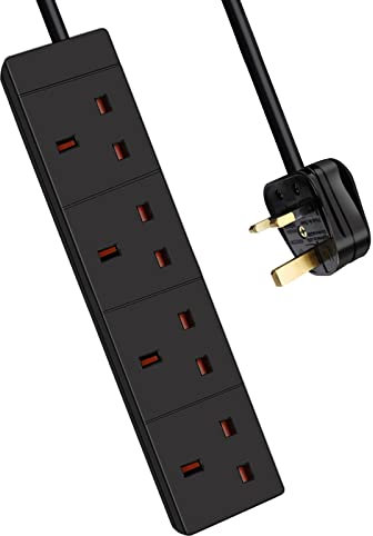 EXTRASTAR 4 Gang Extension Lead Black, 1M Extension Cable with 13A Fused UK Plug Max 3120W, 4 Plug extension for Home and Office