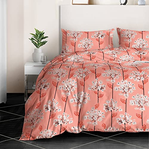 RAYBedding 3PCS Egyptian Cotton Duvet Set - Double Bed Set with 2 Pack - 400 Thread Count Floral Printed Lily Peach Duvet Cover with Pillow Cases