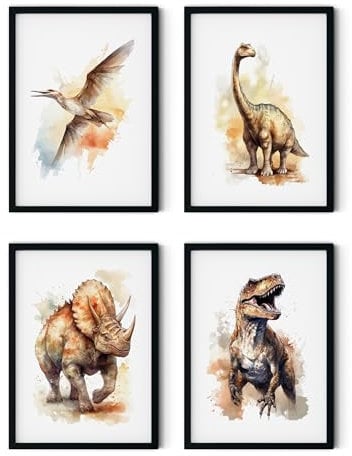 MJ-Graphics - Poster Set Dino-Welt für Kinderzimmer & Spielzimmer 4 Wandbilder Din A3 extra dickes Posterpapier Wanddeko ohne Bilderrahmen