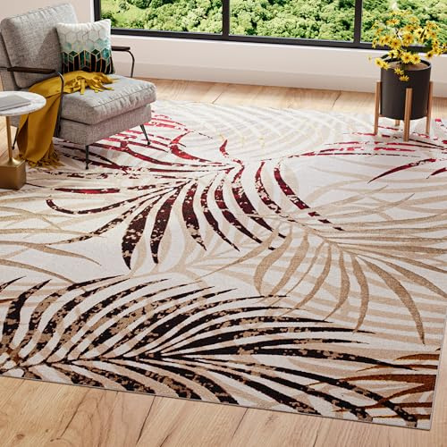 TAPISO Golden Teppich Wohnzimmer Kurzflor Schlafzimmer Luxuriös Creme Beige Rot Blätter Meliert Verwischt Modern Design ÖKOTEX 120 x 170 cm