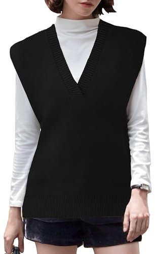 LANYO LILI Übergroße Westen Pullover für Frauen V-Ausschnitt ärmellose Strickpullover Tops, Schwarz, Groß