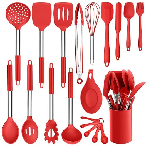 HaWare Set di 20 Utensili da Cucina in Silicone Con Manico in Acciaio Inox, Resistente al Calore, Lavabile in Lavastoviglie, Colore: Rosso