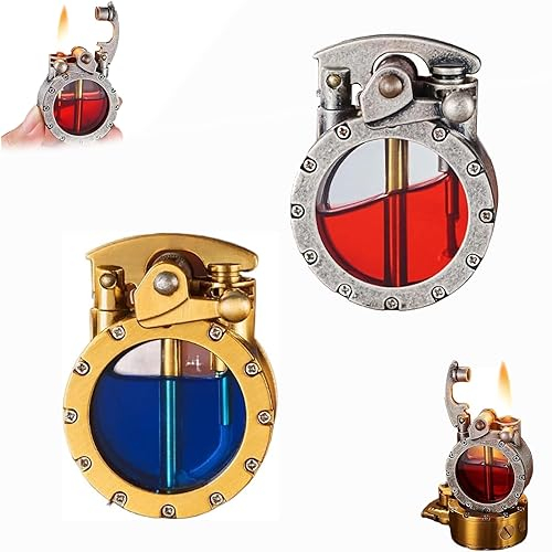 Vintage Trench Lighter,Transparent Kerosene Lighter,Antique Steampunk Lighter,Cool Unique Lighter-Transparent Oil Compartment,Reusable Windproof Trench Lighter,Gifts for Men (Silver+Gold)