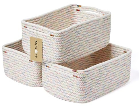 MiniArk Small Storage Baskets for Organizing | Closet Organizer Bins | Shelf Toy Basket | Woven Rope Baskets | Cube Decorative Box | Shallow Basket | 13x8.5x5.1” | 3 Packs Rainbow