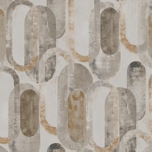 Sublime Oval Shapes Geometric Sand/Gold Wallpaper | Paste The Wall Application | White Geometric | 10M Roll