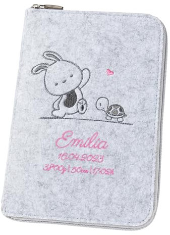 U-Heft Hülle 'Hase & Schildkröte' DIN A5 aus Filz (Farbe & Stickerei wählbar) - Hülle für Kinderuntersuchungsheft & Impfpass - Organizer - Geschenk für werdende Mütter & Baby