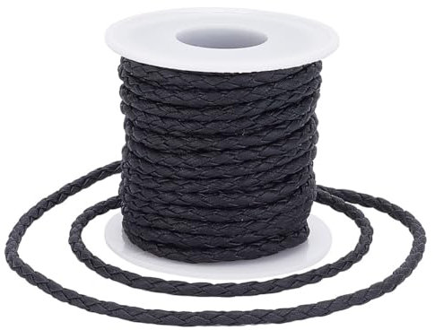 arricraft Cordón de cuero trenzado de 9,14 m, 4 mm de ancho, negro, 3 capas plegado, cuerda de corbata con carrete de piel sintética, cuerda redonda plana para collares y joyas