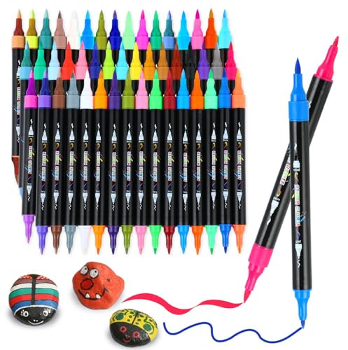 48 Colours Acrylic Paint Pens for Rock Painting Fabric Glass Stone Ceramic Wood Metal, Dual Tip Acrylic Markers Set for Easter Egg Pumpkins Christmas, Arts and Crafts for Adults