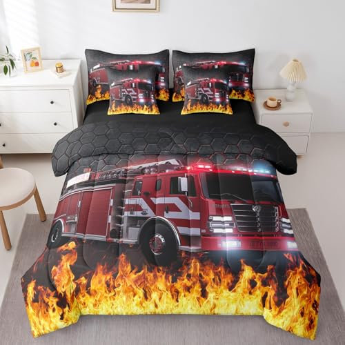 Kinder-Bettwäsche-Set mit Feuerwehrauto, für Jungen und Mädchen, Cartoon-Feuerwehrauto-Bett in einer Tasche, 7-teilig, rote Waben, sechseckiges Bettwäsche-Set, Ausrüstung, Fahrzeug, volle Größe,
