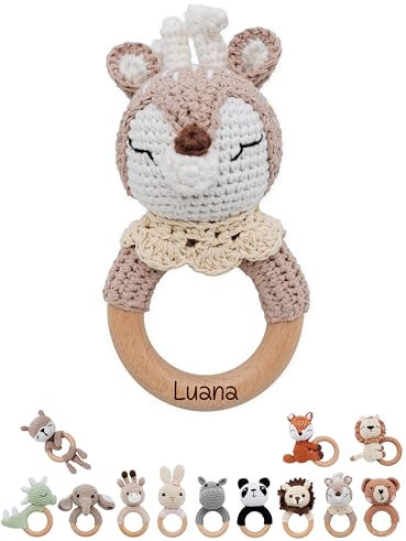 wunderwunsch® - Personalisierter Beißring Baby - Niedlicher Greifling für Baby's ab 0 Monate - Babyrassel mit Name als Baby Geschenk für Mädchen und Jungen (Reh beige Kragen,mit Name)