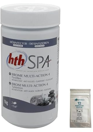 EASYPISCINE Brome HTH Spa Multi-Action 4 - pastilles 20 g. - 1kg + 12 Tests OFFERTS 7 en 1