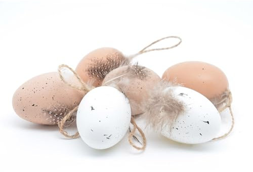 Ostereier Eier aus Kunststoff zum Aufhängen mit Federn 6-er Set gesprenkelt Sortiert mit Schnur Dekoeier Plastikeier Ostern Deko braun weiß