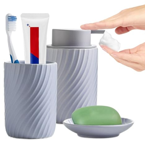 XUDREZ Keramik Badezimmer Zubehör Set, 4 teiliges Seifenspender Badezimmer Set inklusive Seifenspender und Seifenschale, Zahnputzbecher für Zuhause und Bad