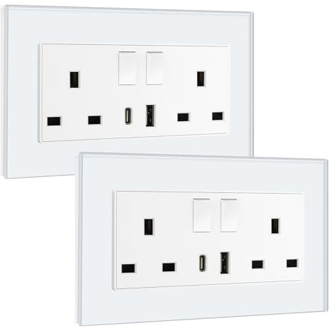 BSEED Double Switched Sockets with USB C and USB A Charging Ports, UK Standard Electric Power Sockets with Glass Panel, 2 Gang 13A Wall Socket, White, 2 Pack