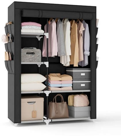 VTRIN Armoire portable de 105 cm de large pour suspendre les vêtements avec 1 tringle de suspension, 6 étagères, 6 poches, portant à vêtements avec housse, armoire portable pour chambre à coucher,