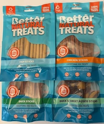 Better Natural Dog Stick Treats Variety Pack - Chicken/Fish/Duck/Duck & Sweet Potato (4 x 90g Packets)