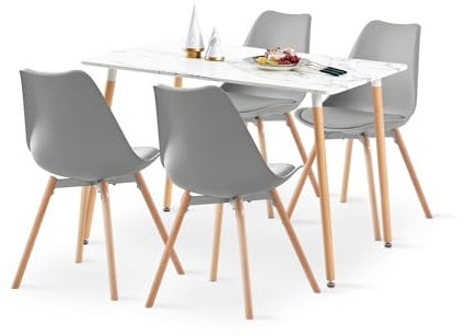 LafeuR Esszimmergruppe Esstisch mit 4 Stühle Essgruppe, 110cm Rechteckig Küchentisch und 4er Set Esszimmerstühle für Küche Esszimmer Wohnzimmer (Marmor Tisch+4 Grau Stühlen)