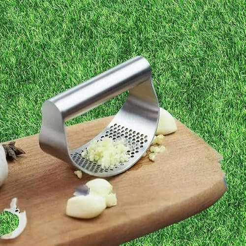 Stainless Steel Garlic Press Rocker with Peeler and Scraper, Curved Design, Dishwasher Safe