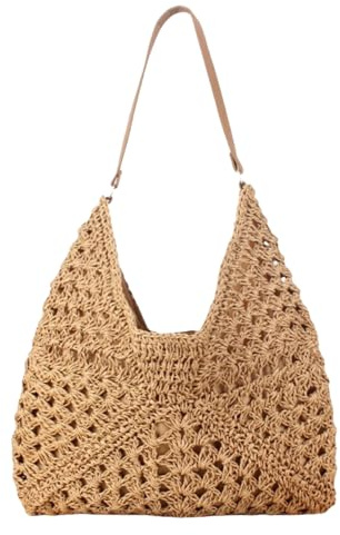 HSTWODE Stroh Strandtasche klein Damen - Korbtasche Geflochten mit leder,Boho Basttasche Netz Shopper für Reisen&Urlau