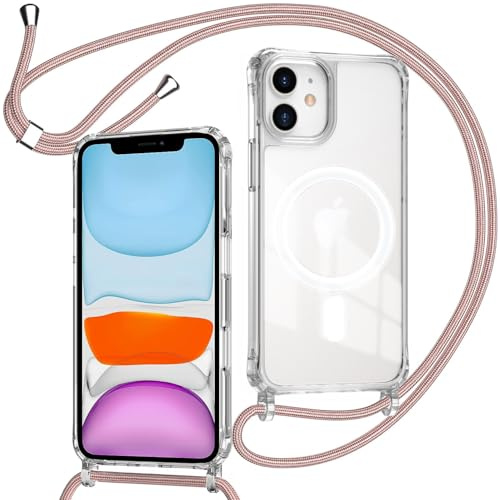 ZYIMOU für iPhone 11 Hülle mit Band Kompatibel mit MagSafe, Transparent Magnetische Handyhülle mit Kordel zum Umhängen Handyband Stossfest Schutzhülle，Kette Rosé Gold