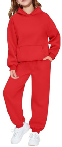 Tuta da ginnastica per bambini, set completo da 2 pezzi, per ragazzi e ragazze, oversize, a maniche lunghe, con cappuccio, pantaloni larghi e pantaloni da jogging per la scuola, Rosso, 11-12 Years