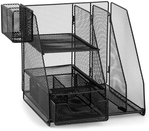 Schreibtisch Organizer Schwarz, mit 2 aufrechten Ordnern, 3 horizontalen Ablagen, Schublade mit 3 Fächern, Stiftehalter mit 2 Fächern, büro organizer, Zeitschriftenhalter, Ablagefächer Stapelbar