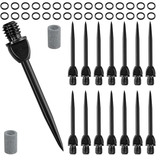 Ousuwo 15Pcs Steel Dart Tips, Replacement Black Metal Dart Points with 30 Rubber O-Rings & 2 Sharpeners for Professional Soft Tip Darts Conversion, Durable Accessories for Dart Players
