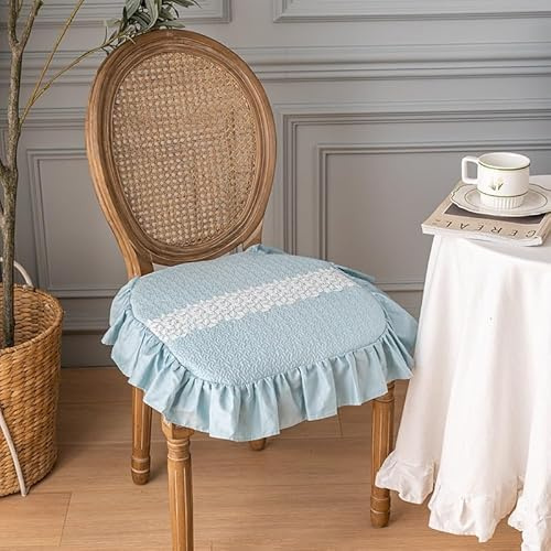 Stuhlkissen Mit Spitze Und Rüschen, rutschfeste Baumwolle Sitzkissen Quadratisch Bändern, Decoratives Sitzpolster Für Küche & Esszimmer, Landhausstil(Blue,45 * 45cm)