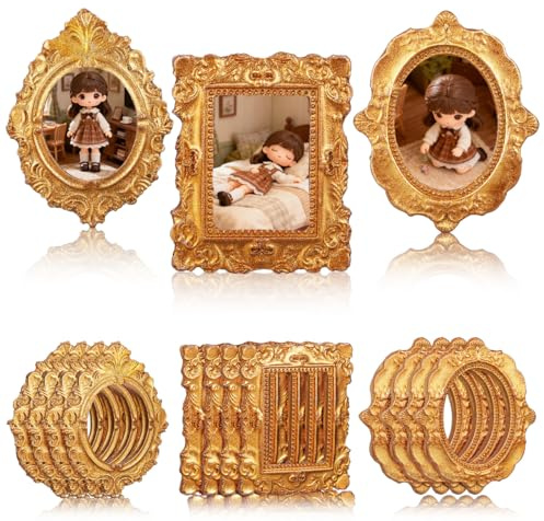 Toyvian 15er Set Mini Bilderrahmen Vintage, Goldene Barockrahmen 1:12 Maßstab für Puppenhaus, Kleine Fotorahmen aus Harz für DIY-Telefonhülle, Schmuck Display & Fotorequisiten, Rechteckig, 4x3cm