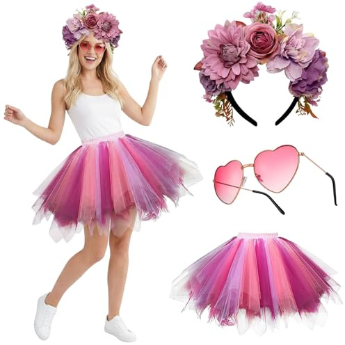 HarnyLoom Blumen Kostüm Damen Rosa Tüllrock Haarreif Herz Sonnenbrille Waldfee Kostüm 80er Jahre Outfit für Karneval Fasching Mottoparty