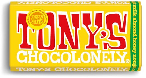 Tony's Chocolonely Milk Almond Honey Nougat Chocolate Bar - 180g, Milk Chocolate, Gift, Vegetarian - Belgian Fairtrade Chocolate (Pack of 9)