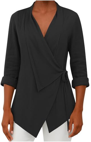 Keepink Long Sleeve Tops Women V Neck Wrap Knot Side Tops Tie Waist Lapel Shirt with Irregular Hem Solid Relaxed Dressy Casual Blouse Elegant Tunic T-Shirts for Cosy Everyday Business