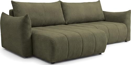 Ecksofa mit Schlaffunktion & Bettkasten – Skandi 4-Sitzer Schlafsofa in L-Form – Freistehende Eckcouch, Ottomane Links oder Rechts Montierbar – Liegefläche 220 × 145 cm – Cordstoff Grün, Olivgrün