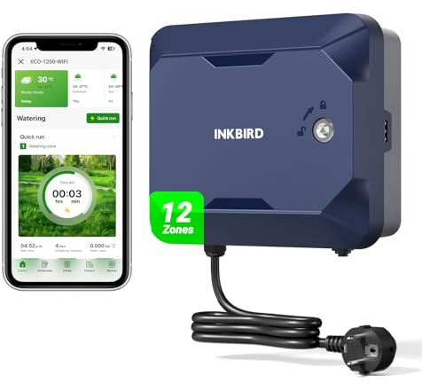 Inkbird IICO-1200 Programador Riego WiFi 12 Zonas con Impermeable Protector,16 Programas de Riego,Cálculo del consumo de Agua,Apoyo Lluvia Saltar,Ajuste Estacional,Riego Automatico WiFi para Jardín
